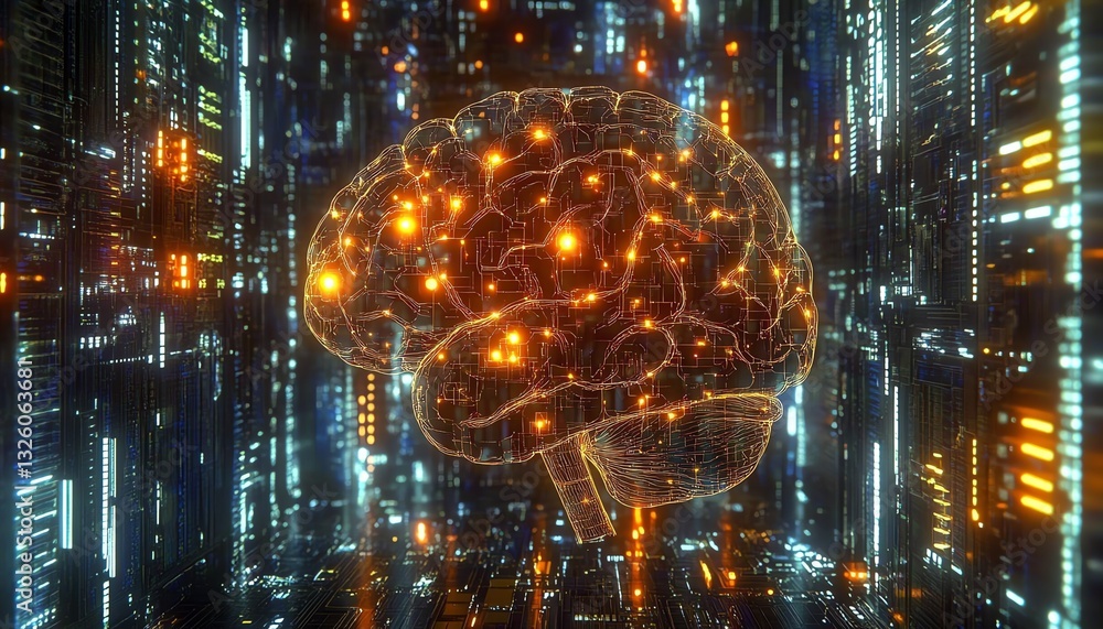 Aufkleber Brain hologram with dynamic data visualization and glowing connections, set against a hightech digital background, symbolizing futuristic AI and neural science