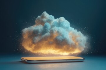 Minimalistic Representation of Digital Concepts Featuring a Smartphone and a Cloud Formation With Glowing Details