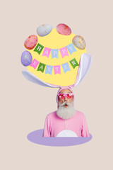 Vertical creative photo collage retired pensioner rabbit costume funky outfit happy easter postcard...