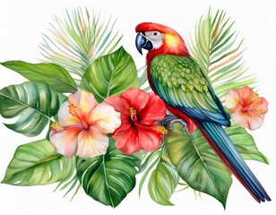 Obraz premium Parrots and tropical plants. Monstera leaves, hibiscus flower, hand drawing, watercolor botanical painting. Generated image