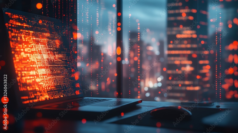 Poster Closeup of office desktop with laptop, glowing blurry AI hologram, and binary coding on a blurry background, double exposure, representing artificial intelligence and programming