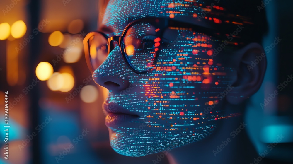 Poster Closeup of office desktop with laptop, glowing blurry AI hologram, and binary coding on a blurry background, double exposure, representing artificial intelligence and programming