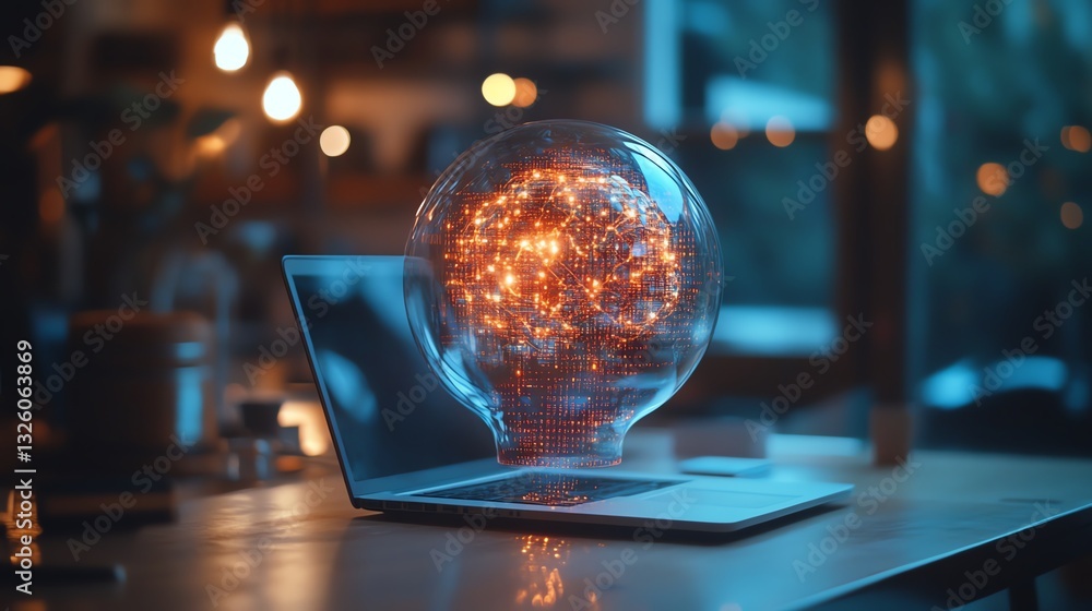 Poster Closeup of office desktop with laptop, glowing blurry AI hologram, and binary coding on a blurry background, double exposure, representing artificial intelligence and programming