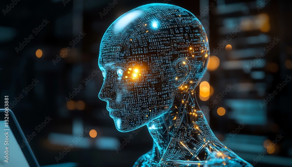 Poster Closeup of office desktop with laptop, glowing blurry AI hologram, and binary coding on a blurry background, double exposure, representing artificial intelligence and programming