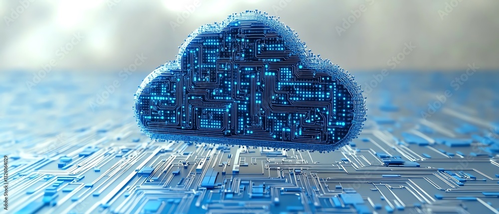 Poster Cloud computing concept with a blue icon and circuit design, 3D rendering on a light blue background, illustrating modern digital solutions and connectivity