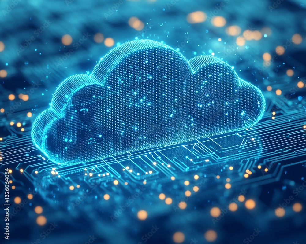 Poster Cloud computing icon in blue with circuit design elements, 3D rendered on a light blue background, illustrating modern digital transformations and data services