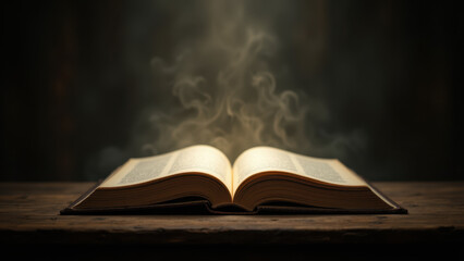 A large open Bible on a wooden surface with smoke rising from its pages, symbolizing revelation or divine wisdom.