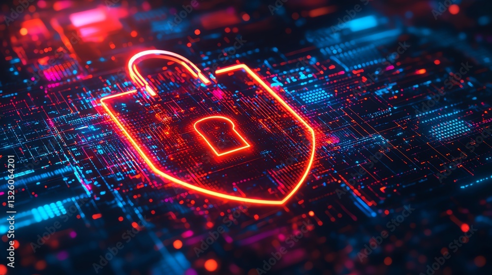 Leinwandbilder Data encryption and safety concept with a padlock inside a glowing shield, set against a dark digital grid, enhanced with subtle glowing effects for privacy protection