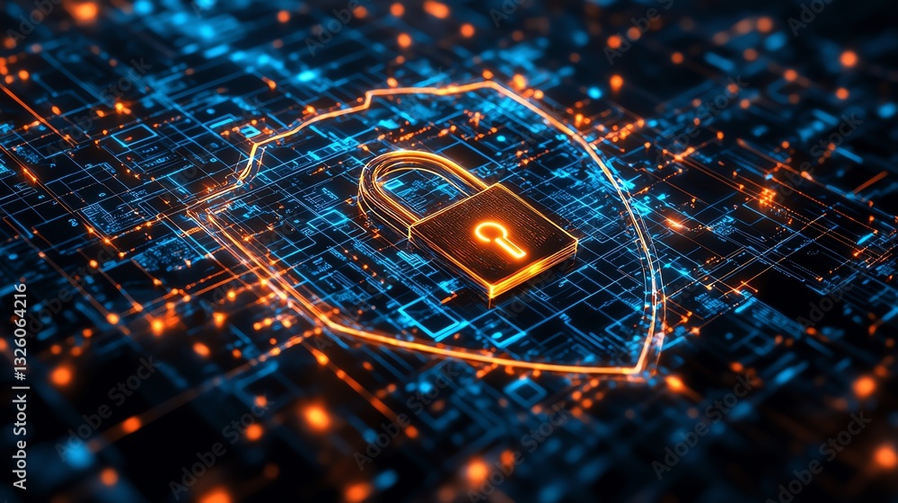 Aufkleber data encryption and safety concept with a padlock inside a glowing shield, set against a dark digita