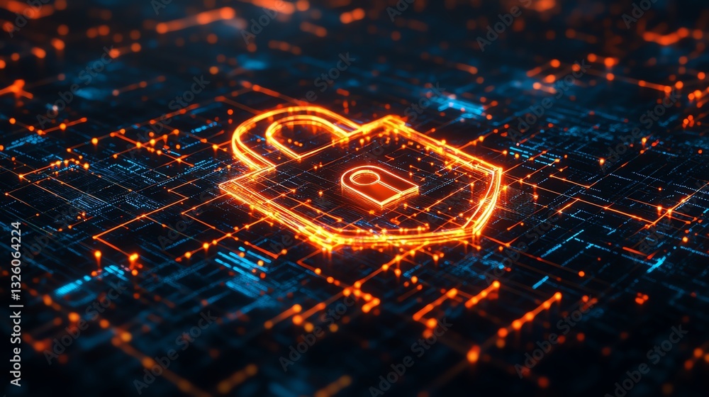 Fototapete data encryption and safety concept with a padlock inside a glowing shield, set against a dark digita