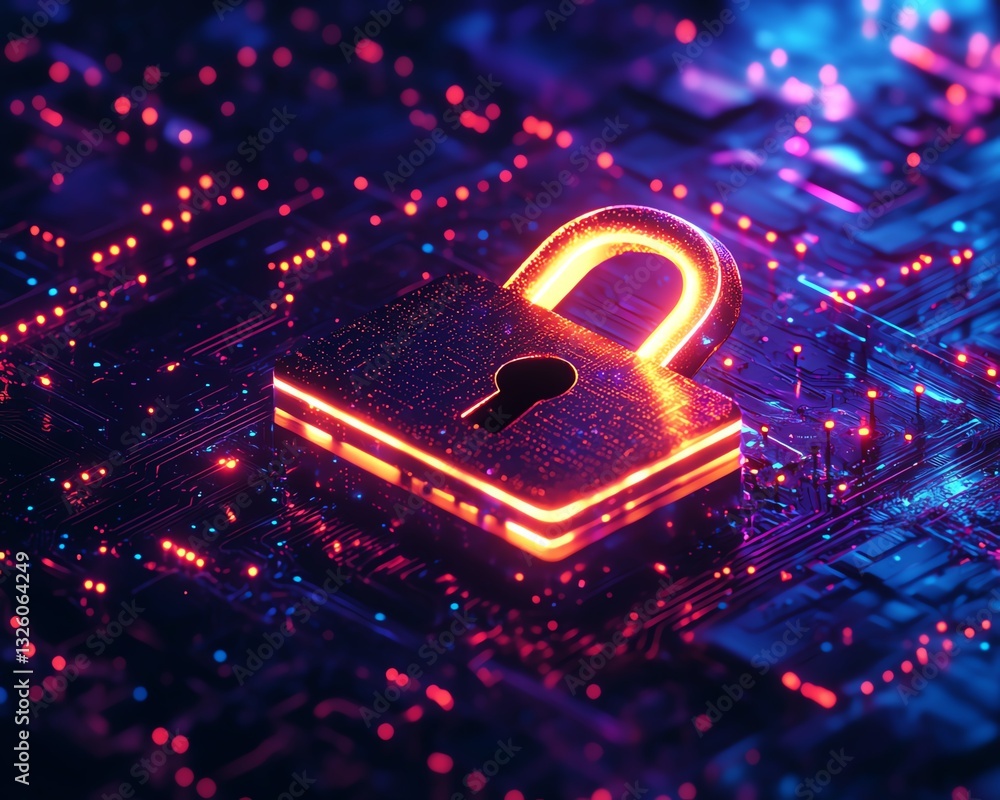 Poster data privacy protection concept with a secure digital padlock within a glowing shield, floating in a