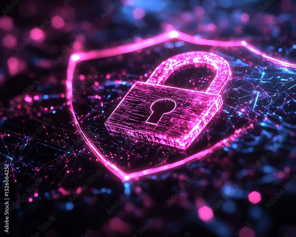 Leinwandbilder data privacy protection concept with a secure digital padlock within a glowing shield, floating in a