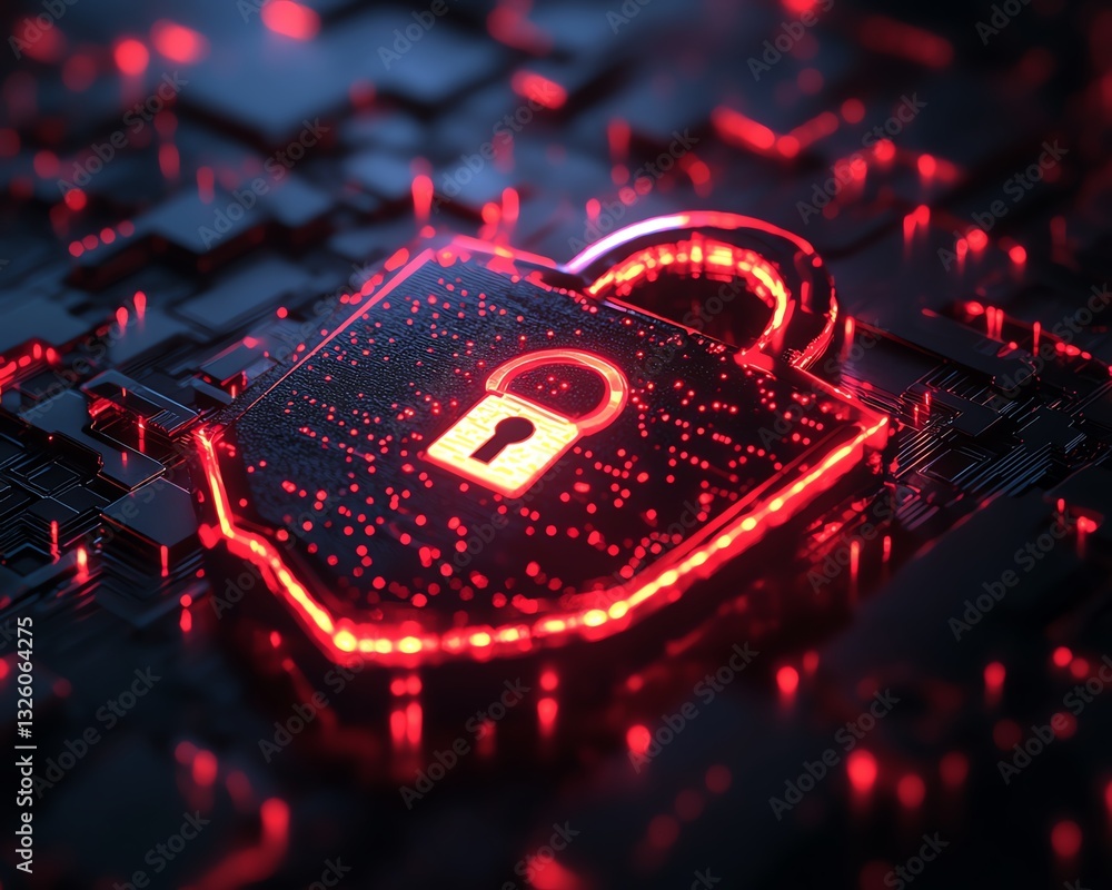 Poster Data privacy protection concept with a secure digital padlock within a glowing shield, floating in a virtual dark space, with neon accents for futuristic appeal