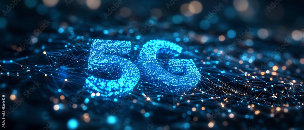Poster digital 5g network with glowing blue text, networked lines, and a futuristic dark background, illust