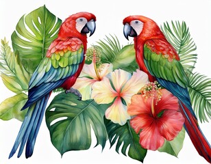 Parrots and tropical plants. Monstera leaves, hibiscus flower, hand drawing, watercolor botanical painting. Generated image