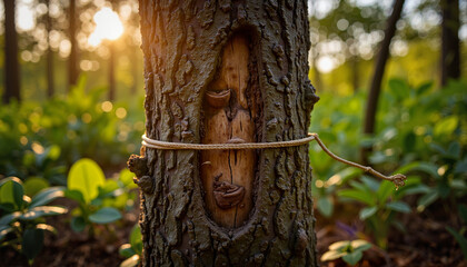 Obraz premium Claw mark on tree trunk near snare trap in dense jungle, poaching awareness