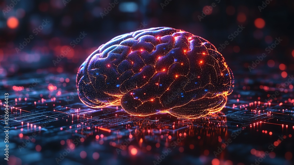 Fototapete Digital brain hologram with interactive data visualizations and glowing lines, set against a futuristic technology backdrop, symbolizing the future of AI and neural networks