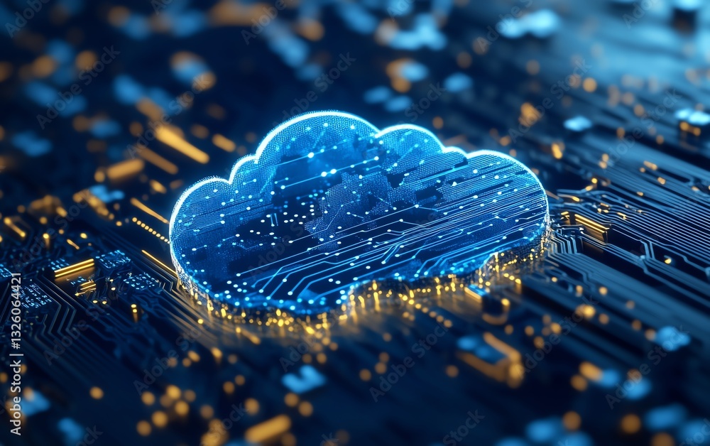 Poster Digital cloud computing icon in blue, featuring a circuit design, 3D rendered on a light blue background, highlighting the evolution of cloudbased services