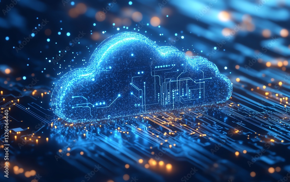 Poster Digital cloud computing icon in blue, featuring a circuit design, 3D rendered on a light blue background, highlighting the evolution of cloudbased services