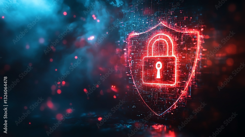 Aufkleber Digital information safety concept with a glowing padlock on a shield, representing cyber security, with futuristic elements and a dark foggy abstract background