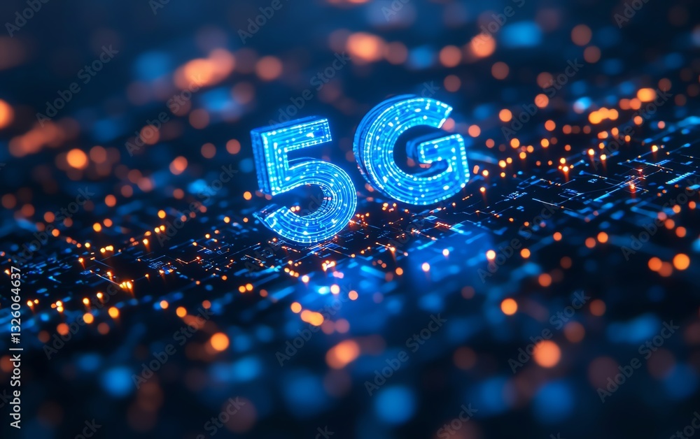 Poster futuristic 5g network concept with glowing blue text, interconnected digital lines, set against a da