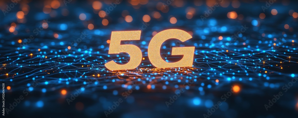 Poster Futuristic 5G digital network, showcasing glowing blue text and connected lines on an advanced dark background, emphasizing highspeed connections and technology