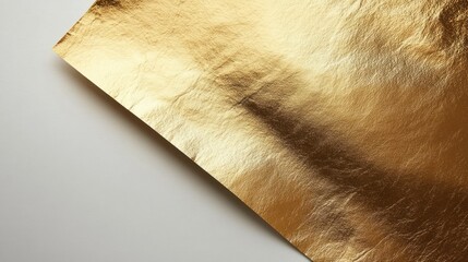 Obraz premium Close-up of textured gold foil sheet on white background, corner folded.