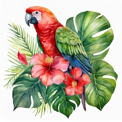 Fototapeta premium Parrots and tropical plants. Monstera leaves, hibiscus flower, hand drawing, watercolor botanical painting. Generated image