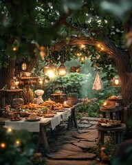 Enchanted garden party scene.  Long rustic table laden with food, surrounded by fairy lights and lush greenery under a tree canopy.