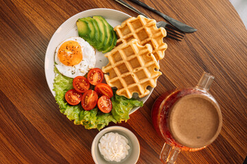 Egg with waffles and raspberry tea for breakfast.