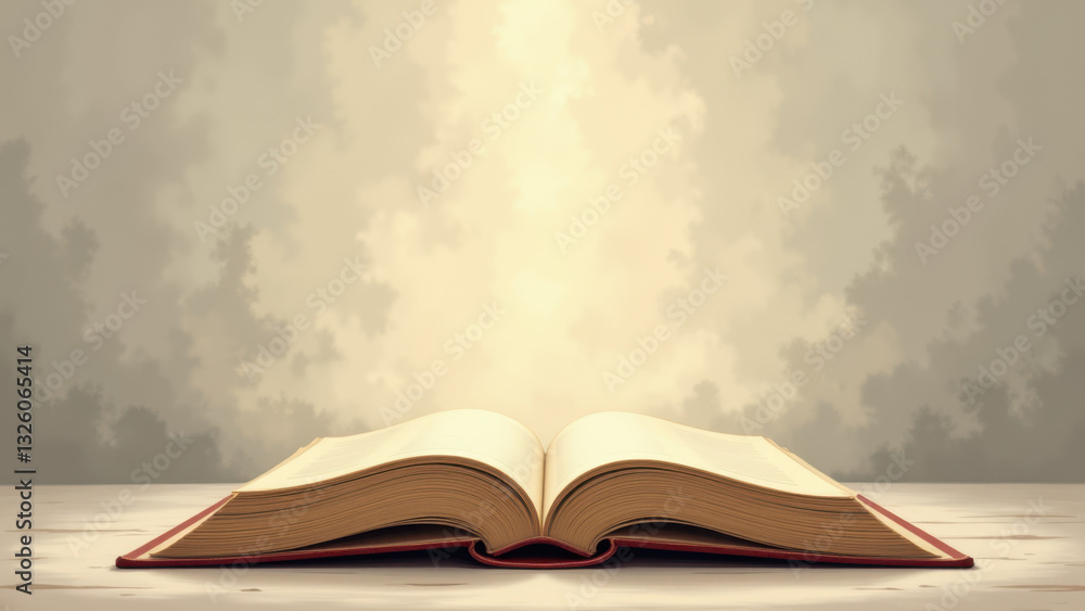Poster open book on table with light rays emanating from it, suggesting a religious or spiritual context.