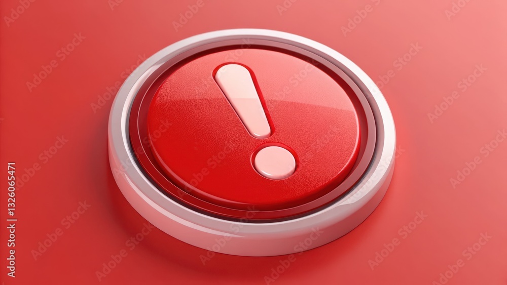 Poster a bold red alert button featuring a prominent exclamation mark, representing urgent warnings, system