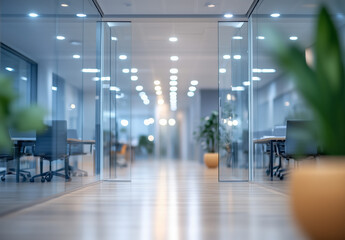 modern office interior with glass walls, wooden flooring, and potted plants creates bright and open workspace. blurred background adds depth and focus to sleek design