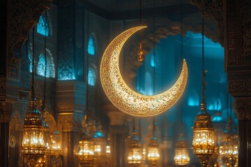 Obraz premium Crescent Moon Lantern with Glowing Chandeliers in Ornate Interior