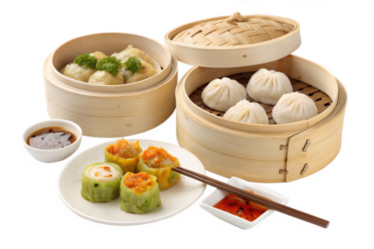Asian dim sum in traditional bamboo steamer baskets isolated on transparent background