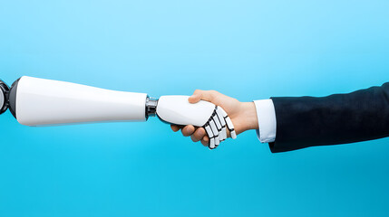 Futuristic concept of a robot and human shaking hands against a solid background, symbolizing AI collaboration, technological advancement, and human-machine partnership.
