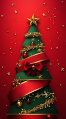 Naklejka premium Decorated Christmas Tree with Red Ribbon and Golden Star on Red