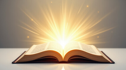 An open Bible emitting a bright light with rays spreading outward above it, symbolizing divine revelation or inspiration.