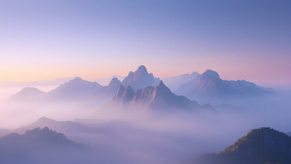 Obraz premium Misty Mountain Landscape with Soft Gradient Sky Wallpaper. High resolution Ai image.
