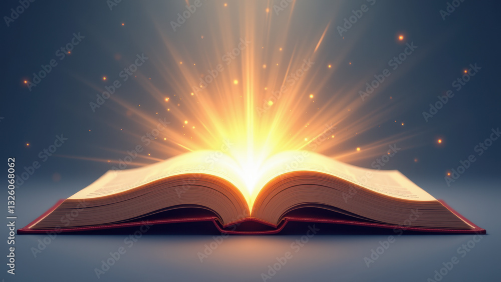 Poster open book with glowing light behind it symbolizing knowledge or enlightenment.
