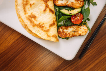 Breakfast Tortilla with Fried Tofu Cheese.
