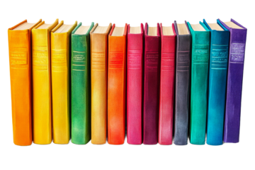 Collection of colorful vintage books with spines showing