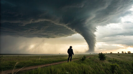 A lone figure stands in an open field, dwarfed by an approaching tornado, highlighting human fragility against nature’s immense power and chaos.