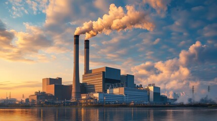 Industrial Sunset with Power Plant at Golden Hour