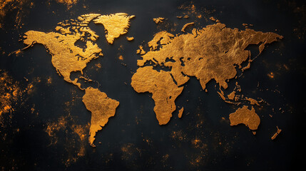Gold world map on dark background