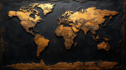 Gold world map on dark background