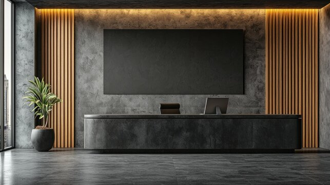 Modern Concrete Reception Area with Blank Sign
