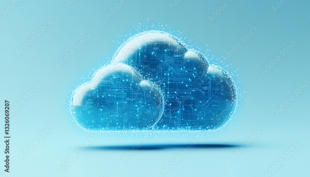 Poster Cloud computing icon in blue with circuit design elements, 3D rendered on a light blue background, illustrating modern digital transformations and data services