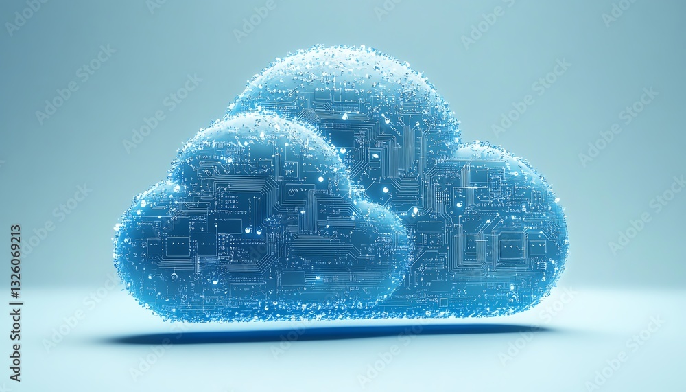 Poster Cloud computing icon in blue with circuit design elements, 3D rendered on a light blue background, illustrating modern digital transformations and data services