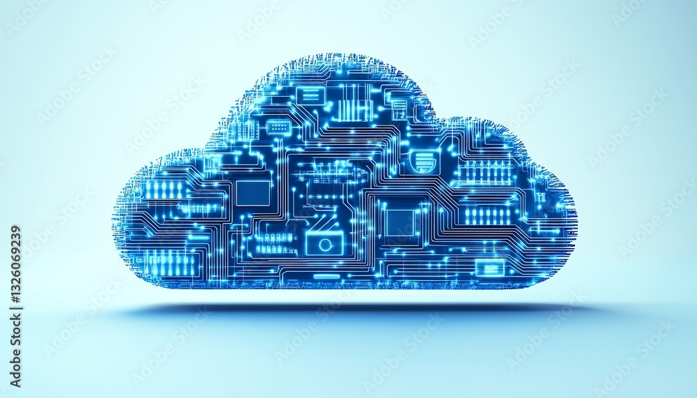Leinwandbilder Cloud computing icon in blue with circuit design elements, 3D rendered on a light blue background, illustrating modern digital transformations and data services